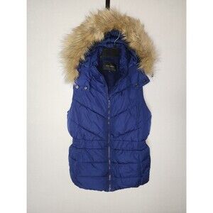 Banana Republic Blue Faux Fur Removable Hood Fleece Lined Puffer Vest Womens M
